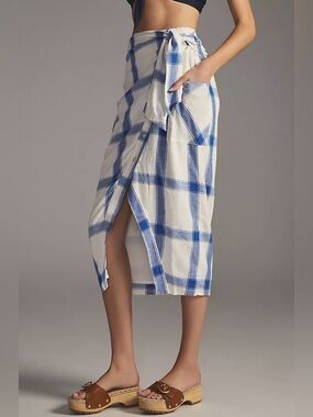 Anthropologie Maeve Blue & White Plaid Wrap Midi Skirt
